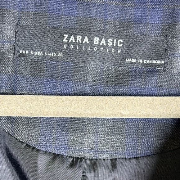 ZARA Basic Plaid Jacket SZ S Modern Crop Ruffle Bell Sleeve Blazer Navy - Picture 4 of 4